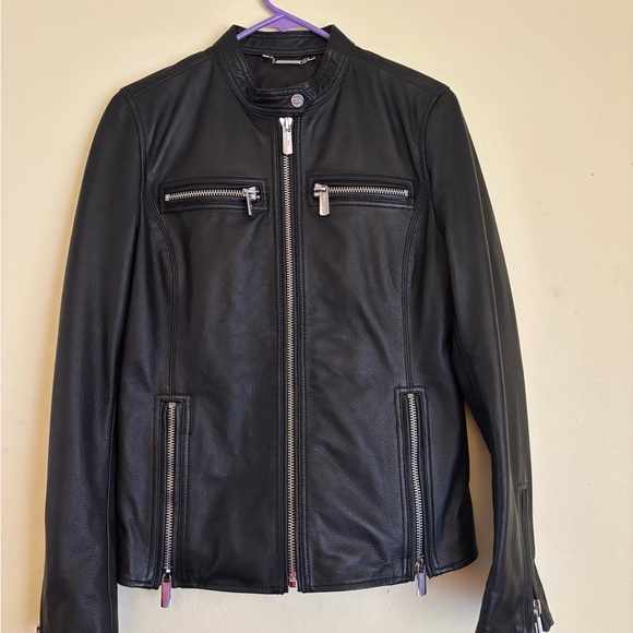 Karl Lagerfeld Black Leather Jacket with Signature Lining - Picture 7 of 9